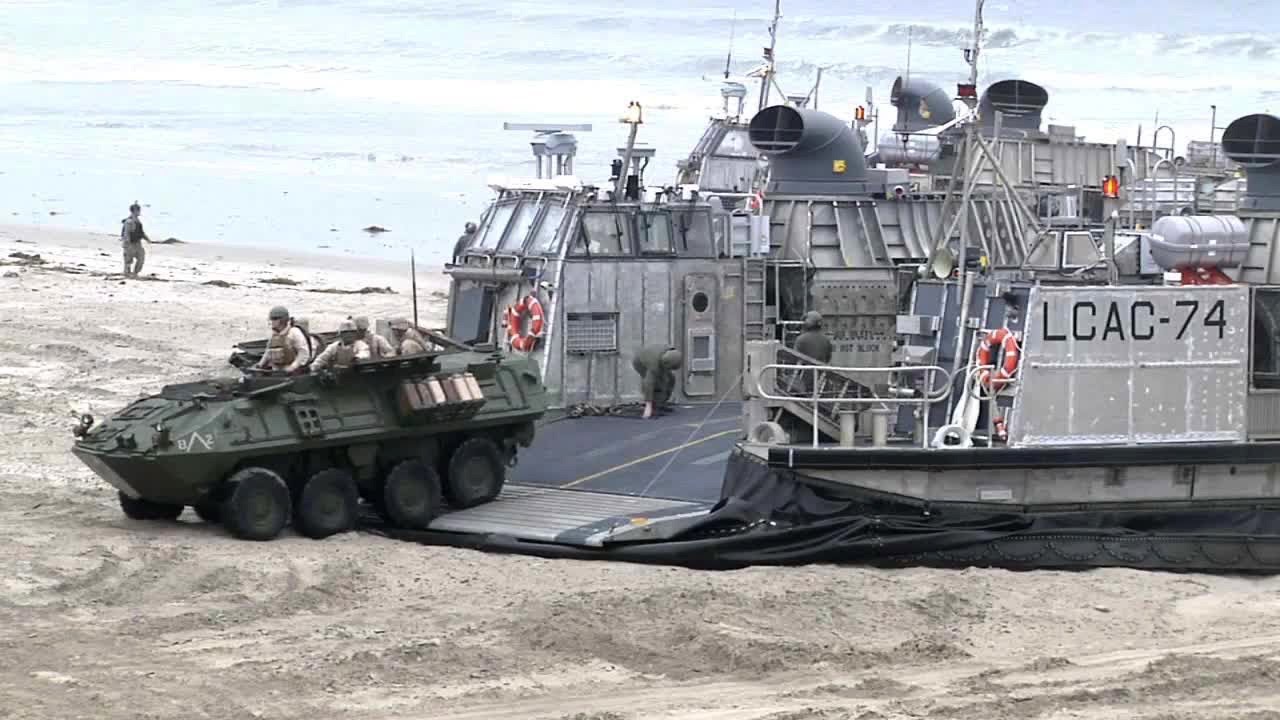 LCAC Air-Cushion Vehicle Landing &amp; Unloading LAV-25 Amphibious Vehicle - YouTube